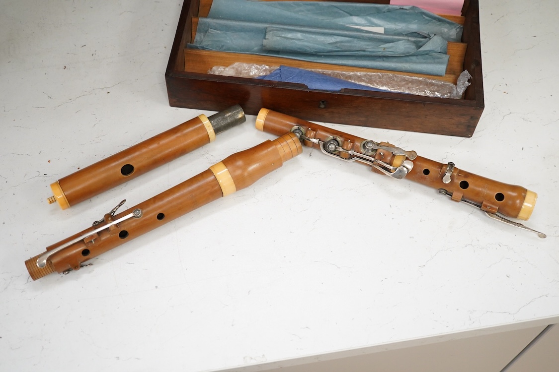 A 19th century boxwood and ivory flute by Potter, Johnson’s Court, Fleet Street, London, in a mahogany case, with early eight key system, ivory submission ref: RERLAL9Y